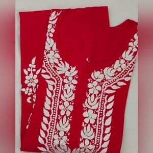 Red Kurta with White Chikankari